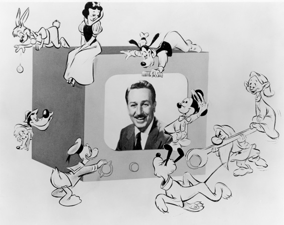 Walt Disney on TV surrounded my Disney characters